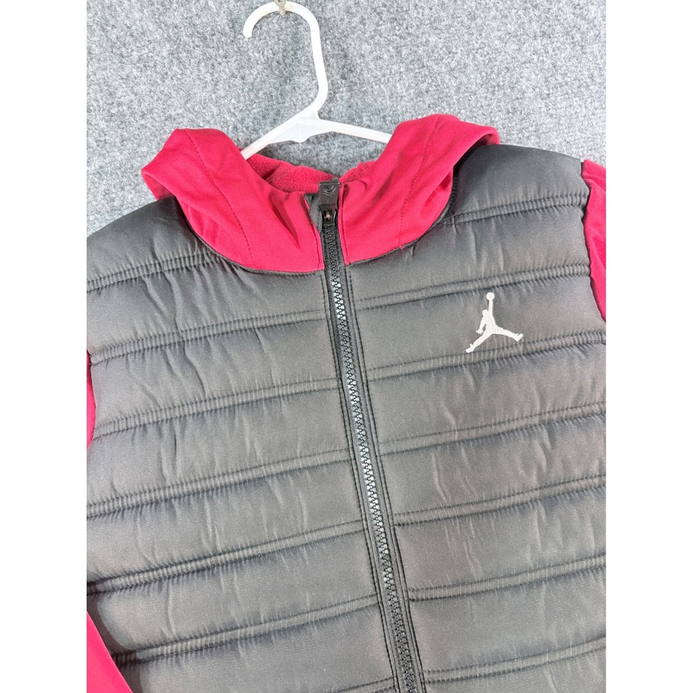 Jordan Kids Puffer Jacket Black Red Full Zip Hooded Coat Size Small 8-10 YRS NEW